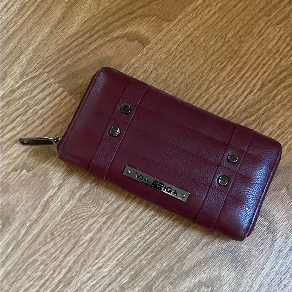 Via Spiga Burgundy Leather Zip-Around Wallet | 7.5” | Multiple Card Slots